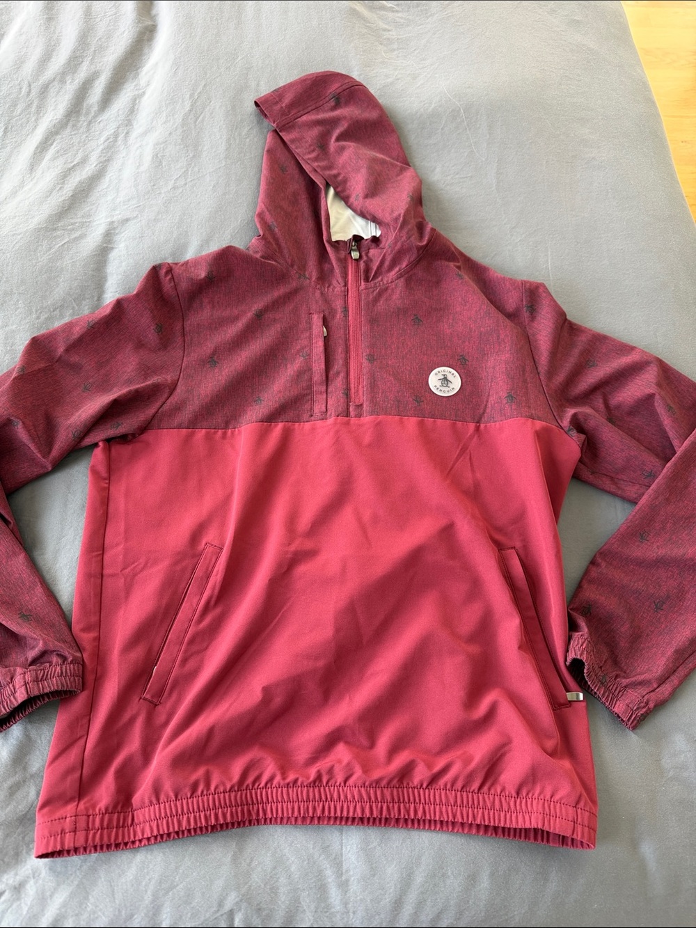 Original Penguin Two-Tone Hooded Pullover Jacket in Berry Red